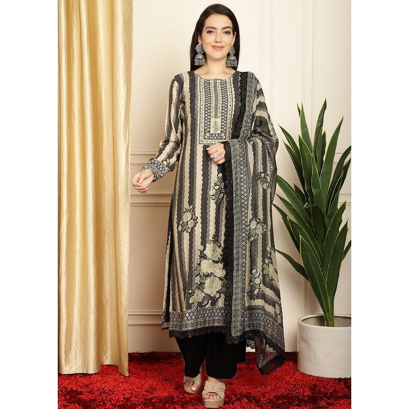 3 Pc Black Unstitched Pashmina Suit Set - JD986612463