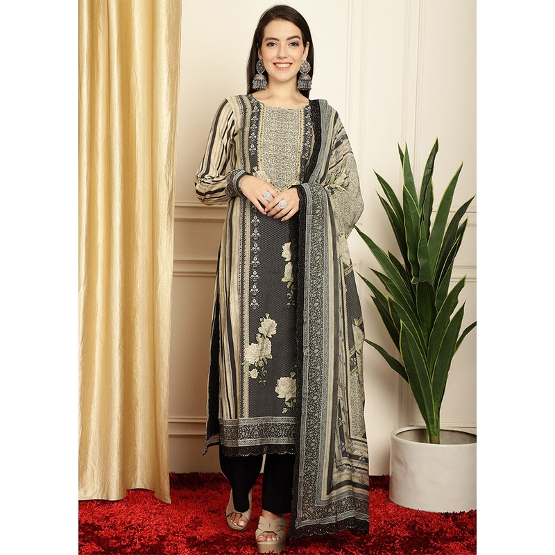 3 Pc Black Unstitched Pashmina Suit Set - JD986612464