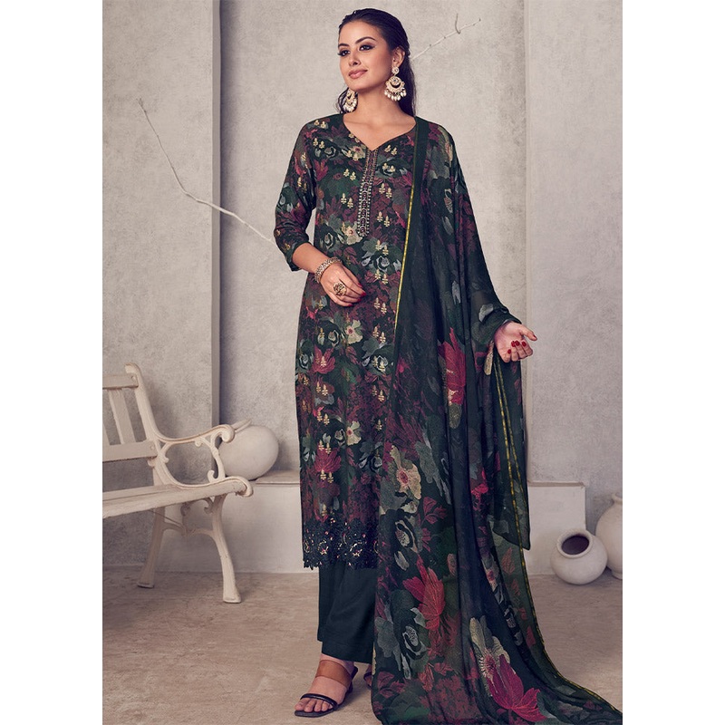 3 Pc Black Unstitched Pure Pashmina Suit Set - JD986612461
