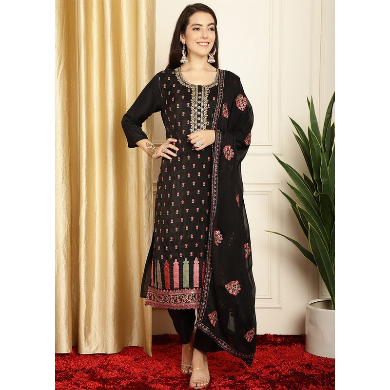 3 Pc Black Unstitched Pure Silk Suit Set - JD986612460