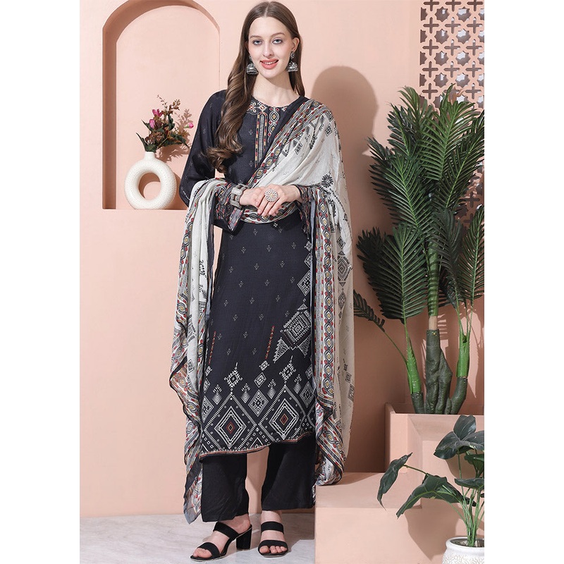 3 Pc Black Unstitched Silk Suit Set - JD986612459