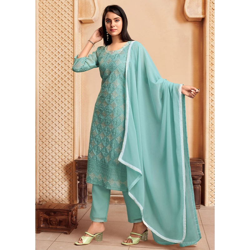 3 Pc Blue Readymade Georgette Suit Set - JD986612428