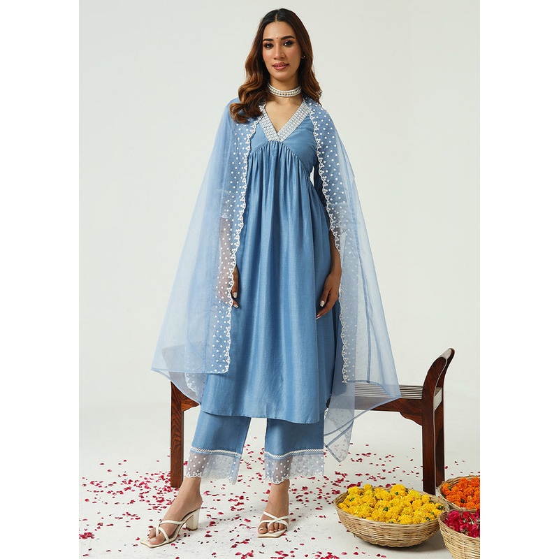 3 Pc Blue Readymade Silk Suit Set - JD986612427