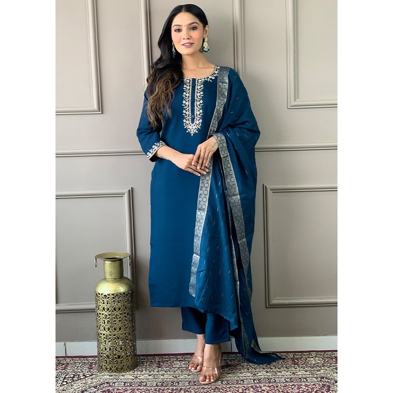 3 Pc Blue Readymade Viscose Suit Set - JD986612426
