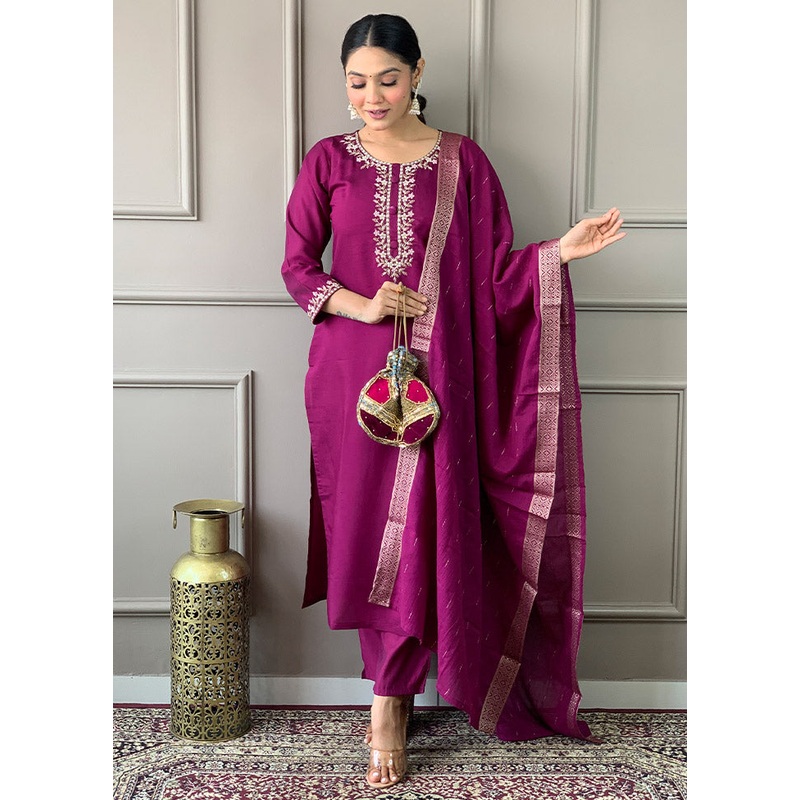3 Pc Burgundy Readymade Viscose Suit Set - JD986612425