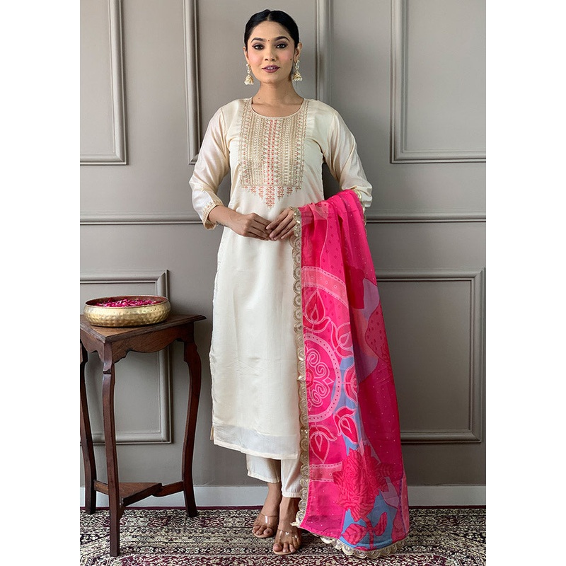 3 Pc Cream Readymade Viscose Suit Set - JD986612424