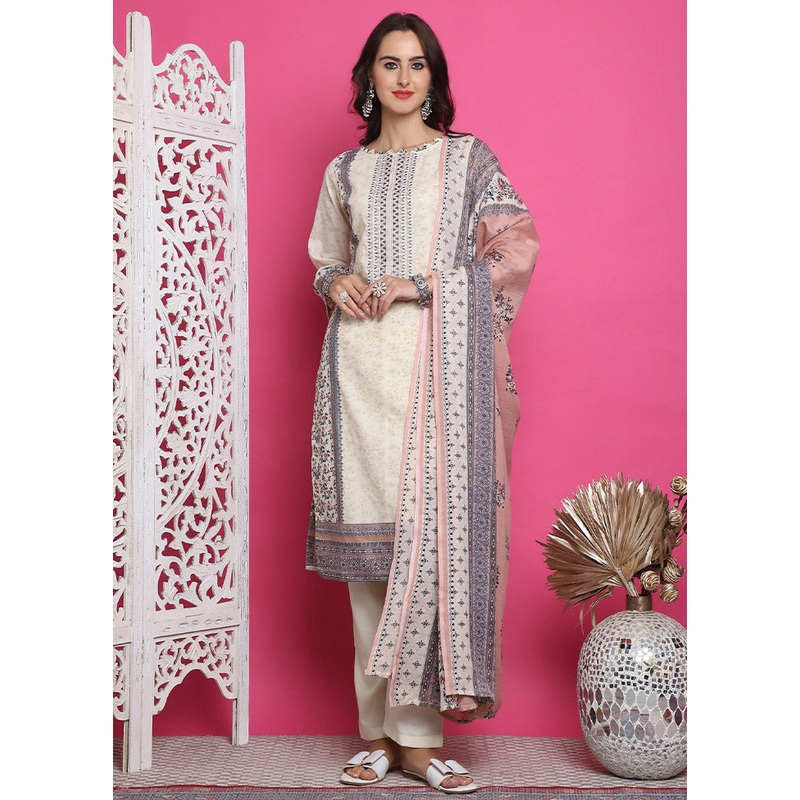 3 Pc Cream Unstitched Cotton Suit Set - JD986612452