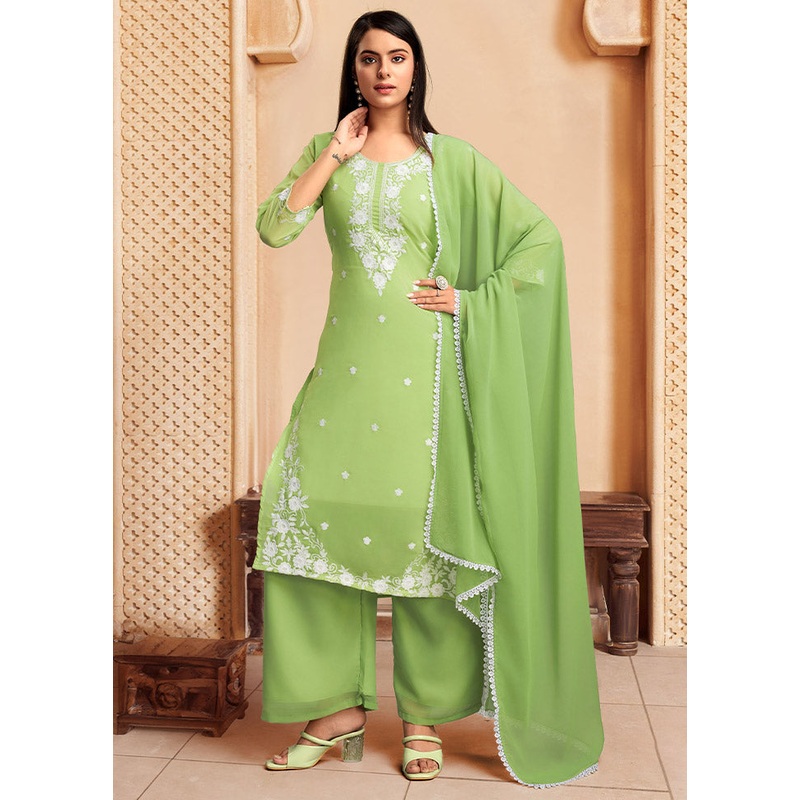 3 Pc Green Readymade Georgette Suit Set - JD986612423