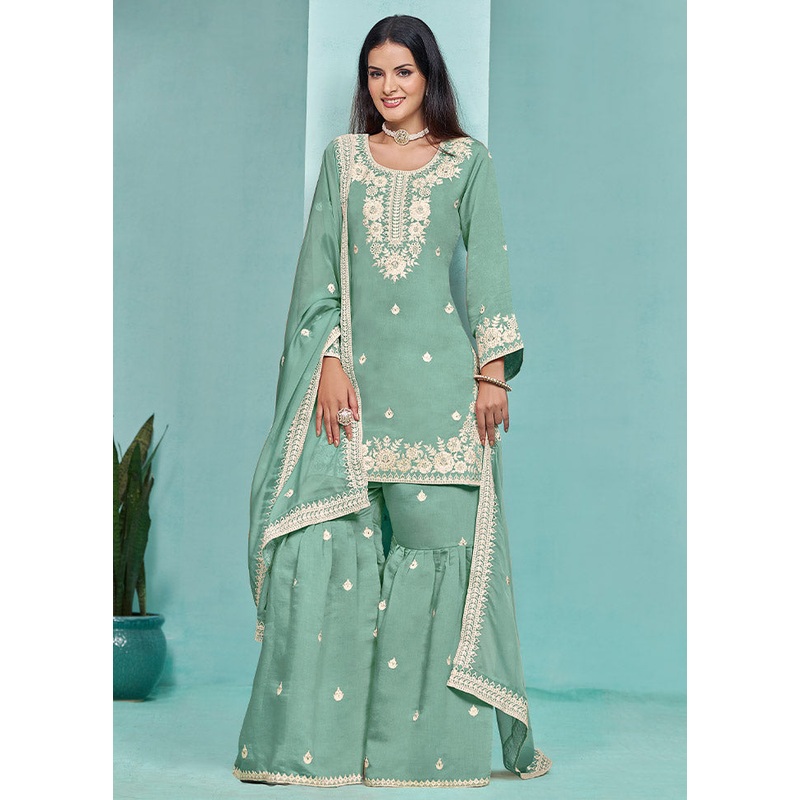 3 Pc Green Semi Stitched Silk Suit Set - JD986612347