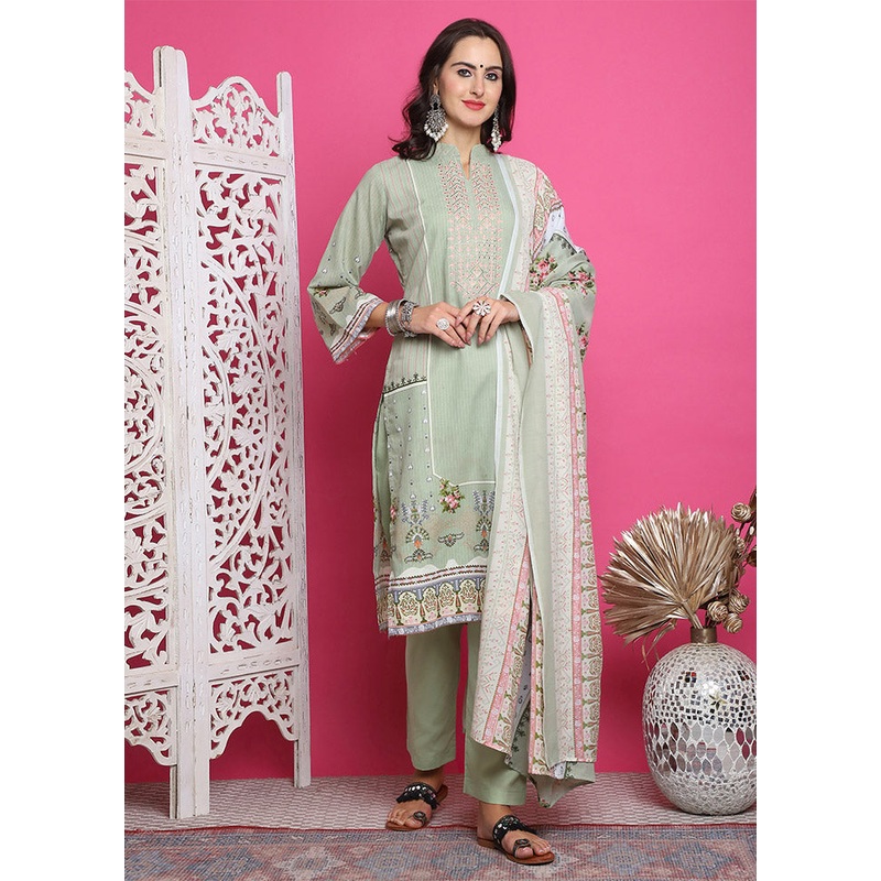 3 Pc Green Unstitched Cotton Suit Set - JD986612451