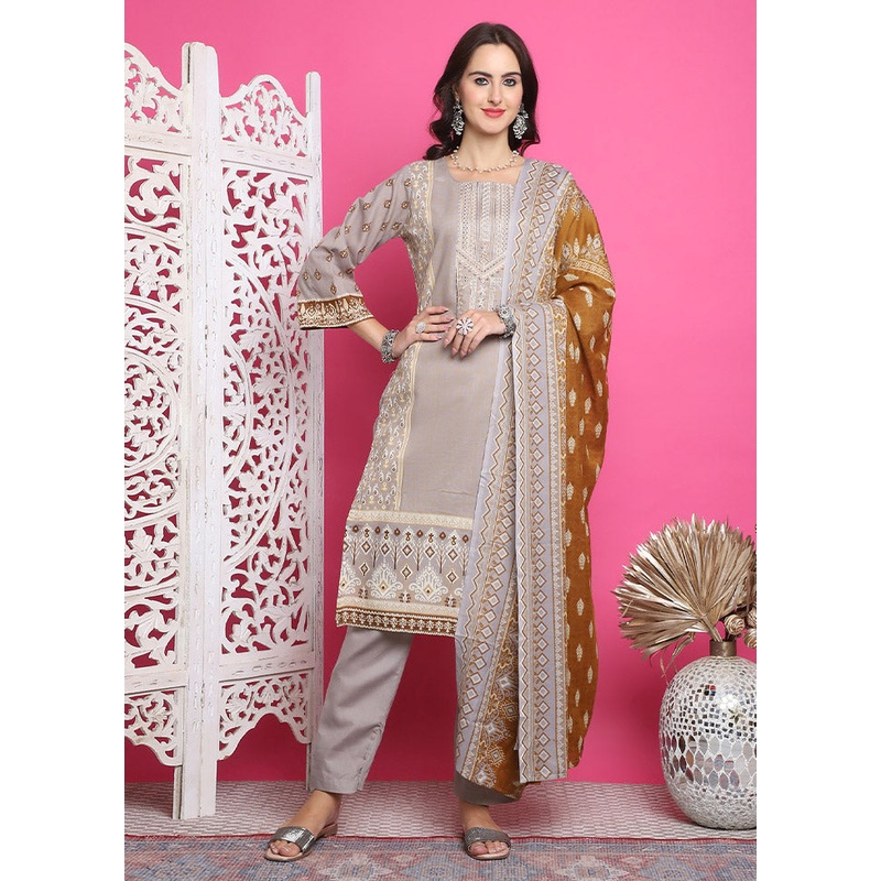 3 Pc Grey Unstitched Cotton Suit Set - JD986612450