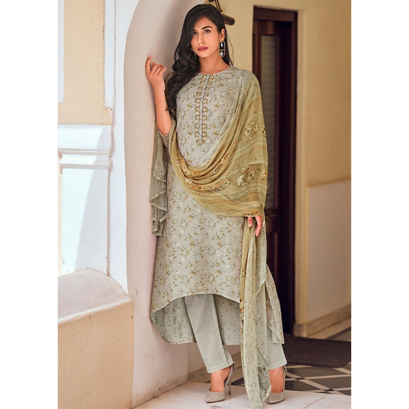 3 Pc Grey Unstitched Silk Suit Set - JD986612449