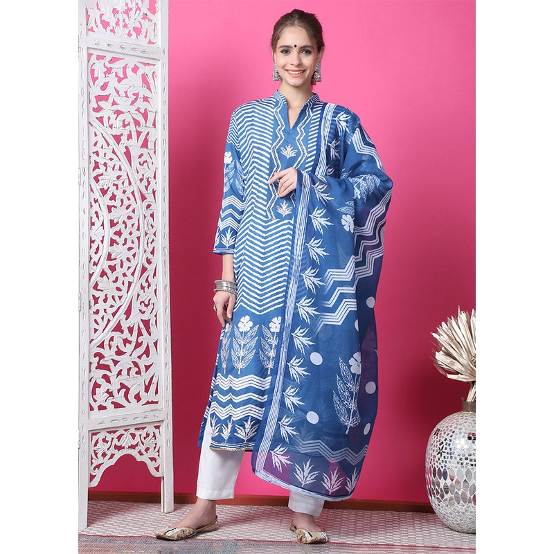 3 Pc Indigo Blue Unstitched Cotton Suit Set - JD986612448