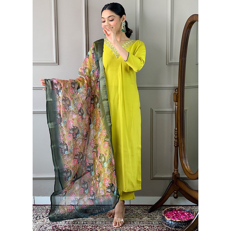 3 Pc Lemon Readymade Viscose Suit Set - JD986612421