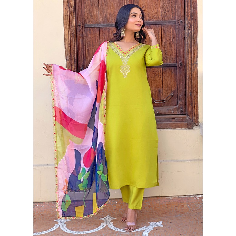 3 Pc Lemon Readymade Viscose Suit Set - JD986612422