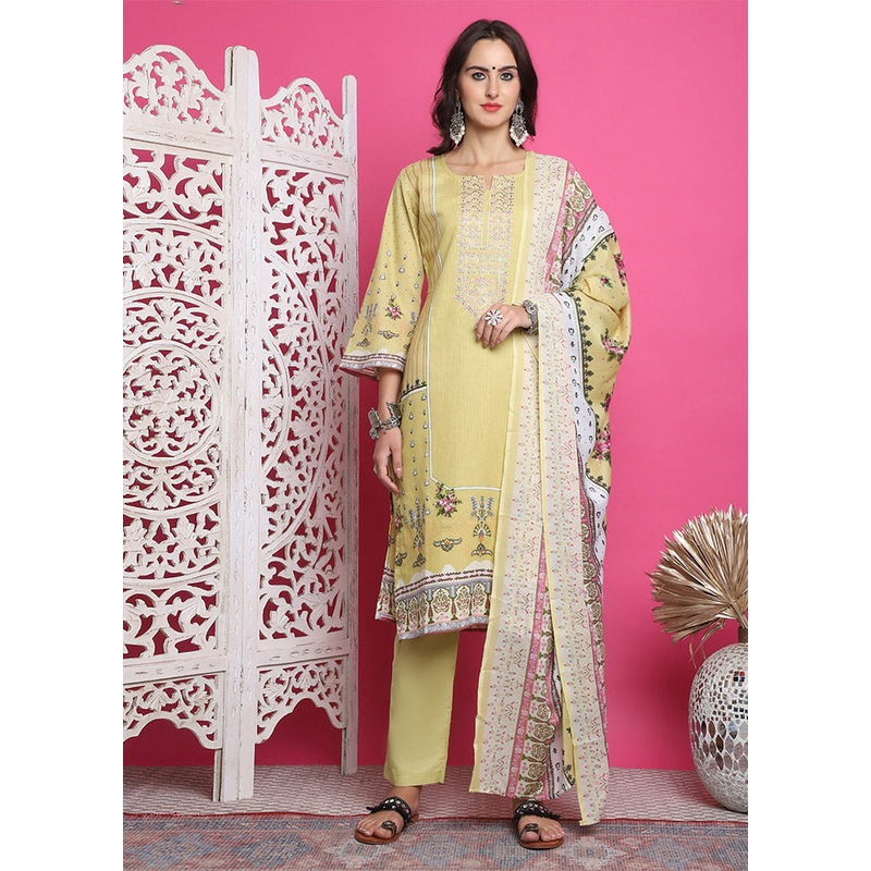 3 Pc Lemon Unstitched Cotton Suit Set - JD986612447