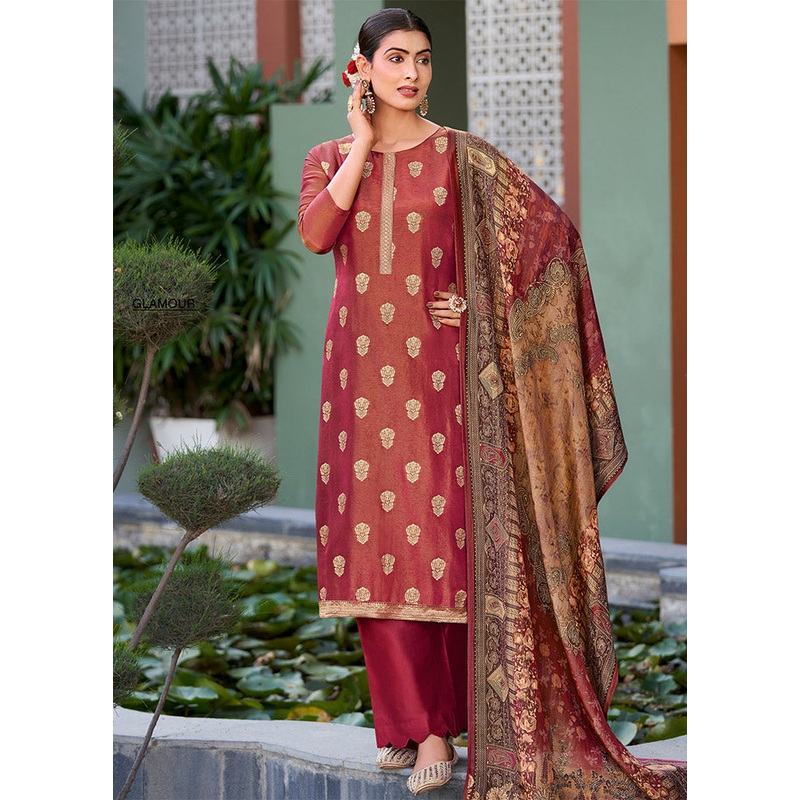 3 Pc Maroon Unstitched Pure Silk Suit Set - JD986612446