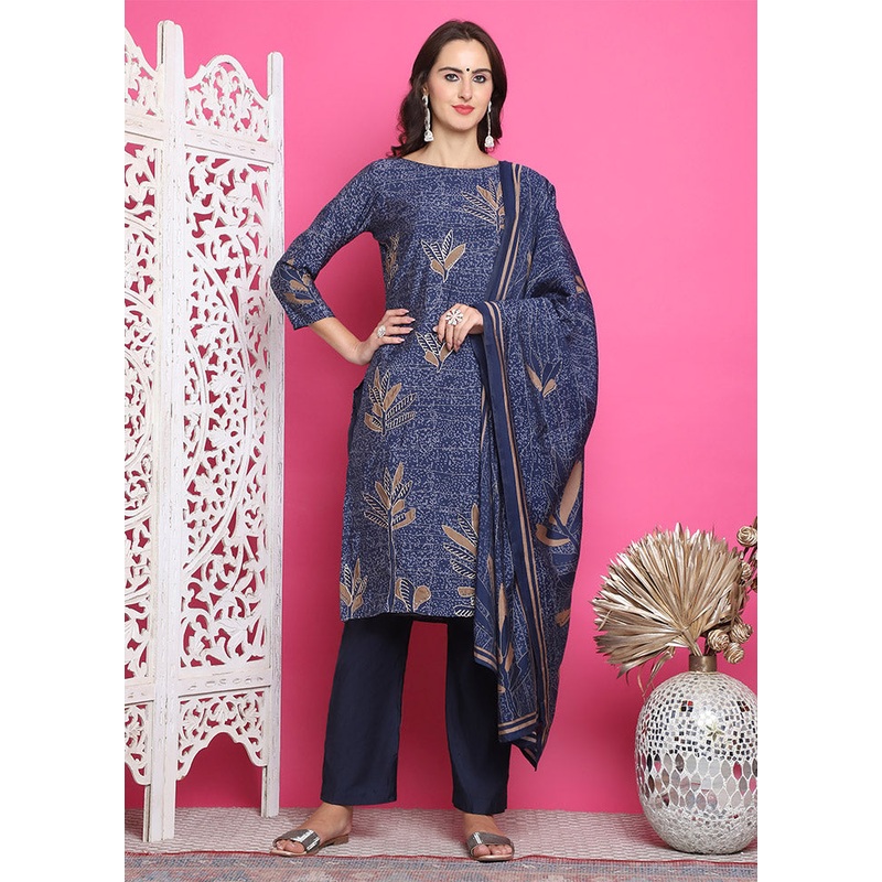 3 Pc Navy Blue Unstitched Silk Suit Set - JD986612444