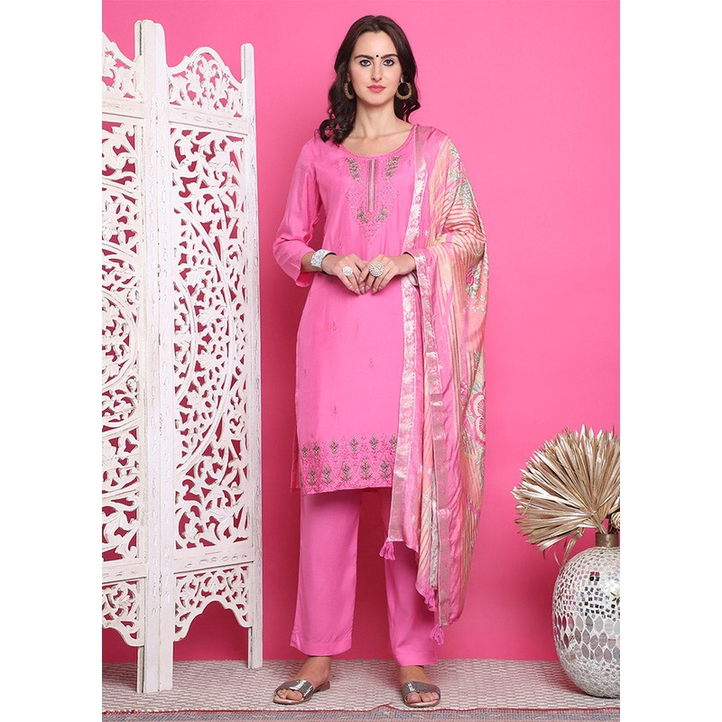 3 Pc Pink Unstitched Silk Suit Set - JD986612440