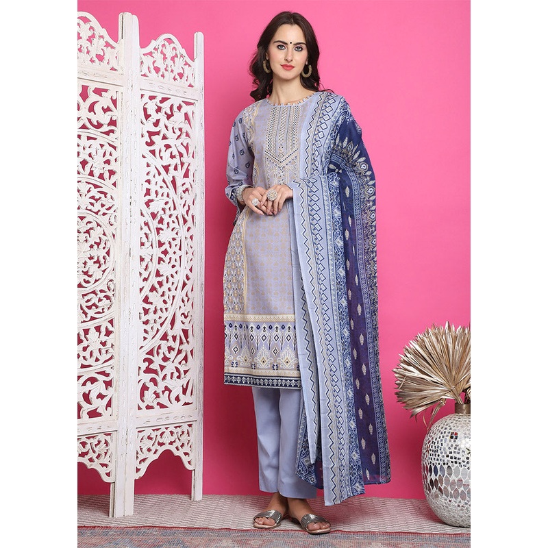 3 Pc Sky Blue Unstitched Cotton Suit Set - JD986612438