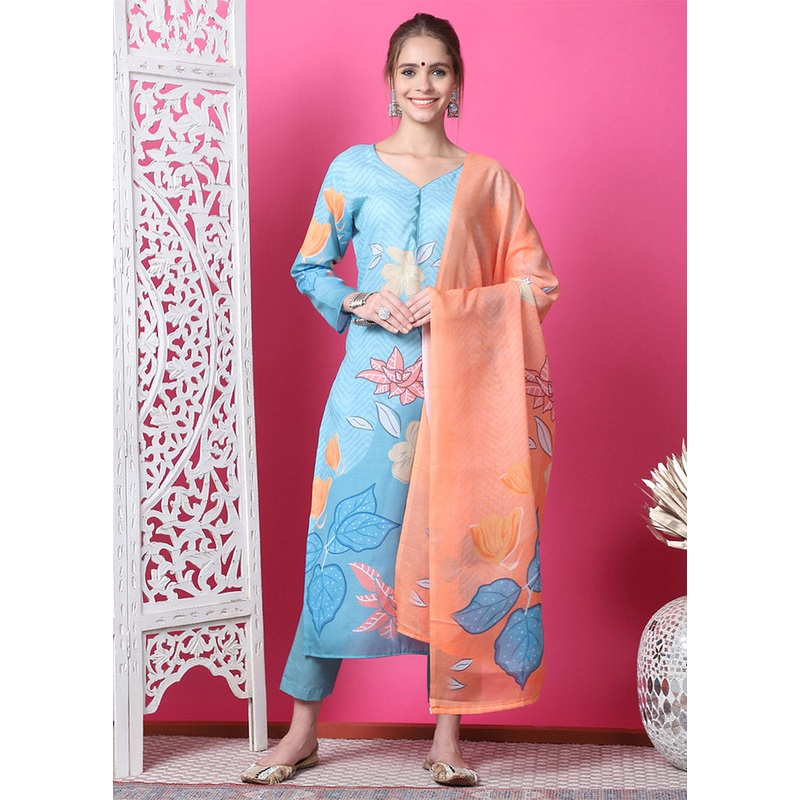 3 Pc Sky Blue Unstitched Cotton Suit Set - JD986612439