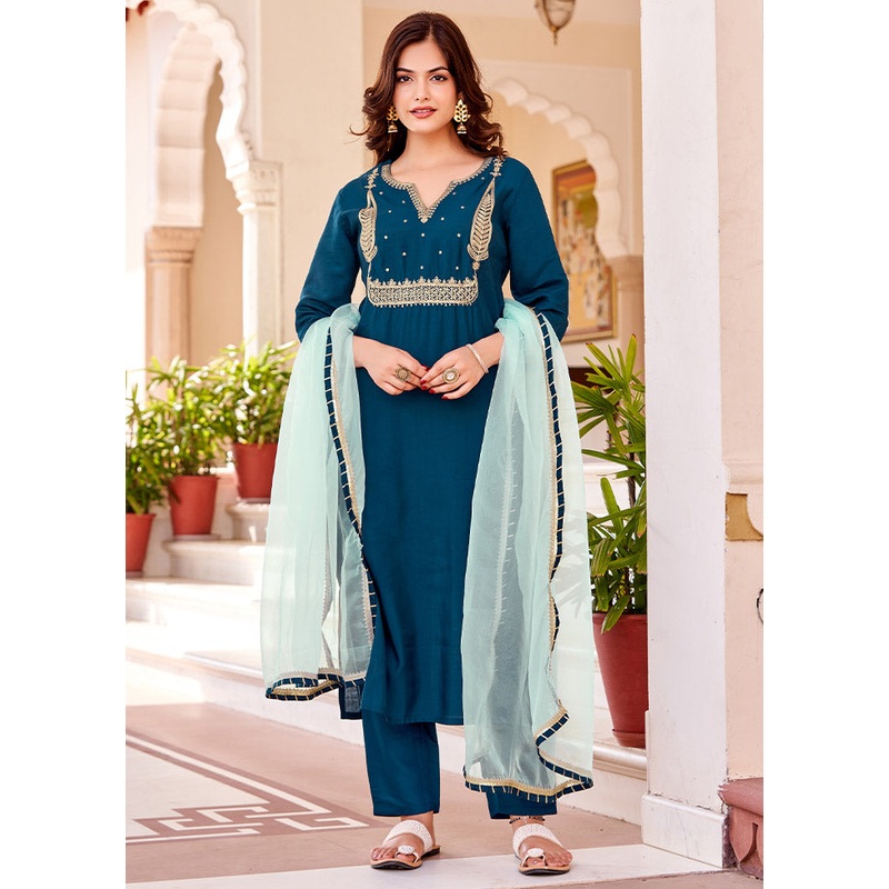 3 Pc Teal Readymade Silk Suit Set - JD986612397