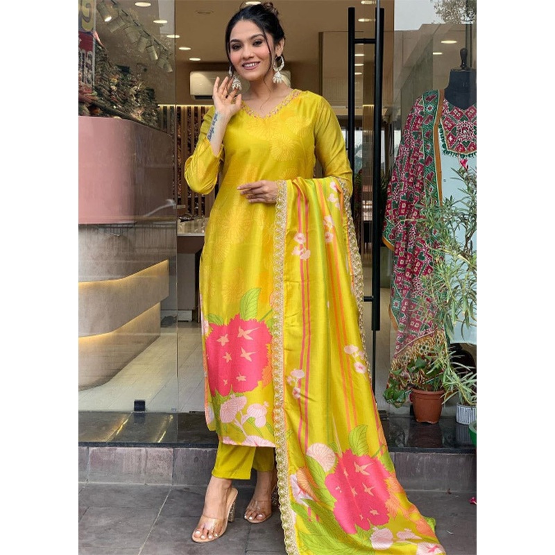 3 Pc Yellow Readymade Silk Suit Set - JD986612393