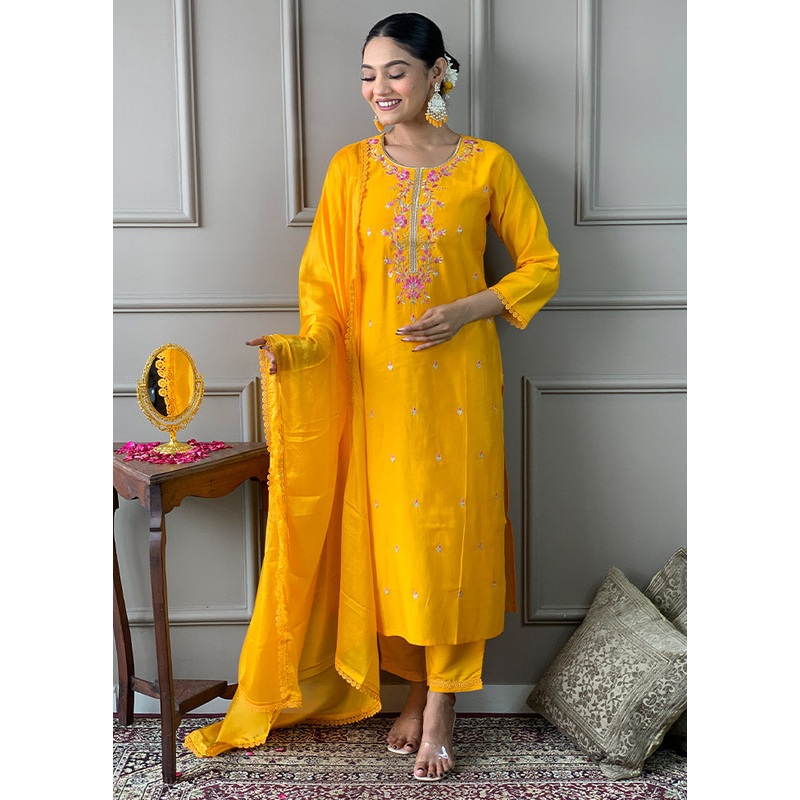 3 Pc Yellow Readymade Viscose Suit Set - JD986612392