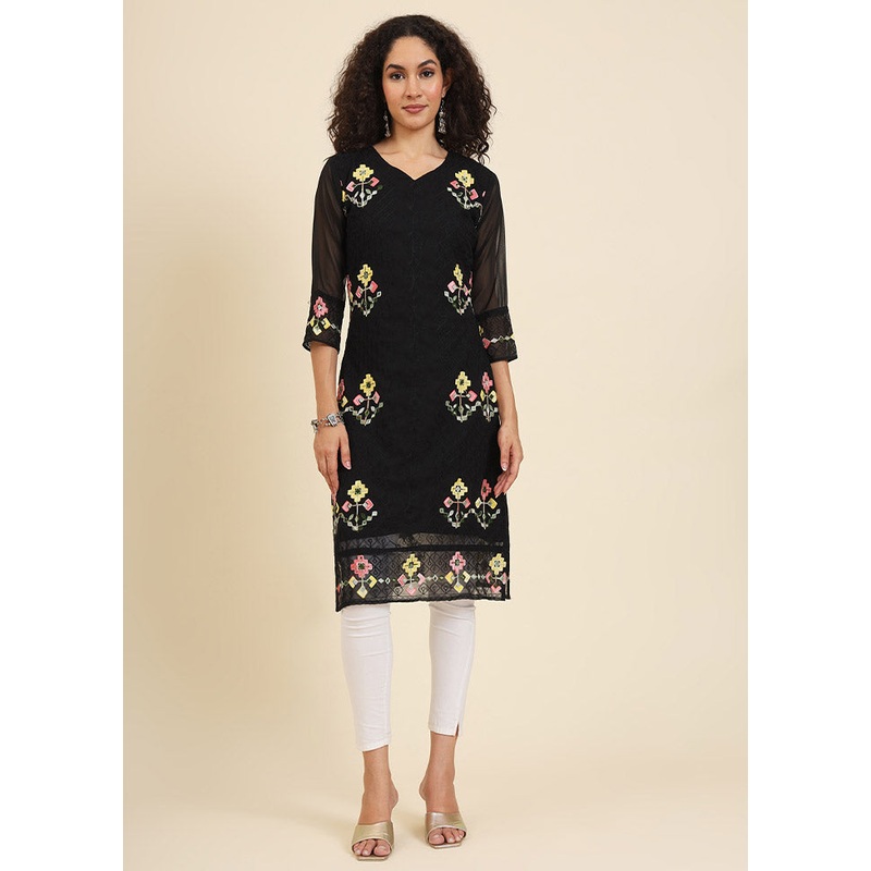 Black Readymade Georgette Kurti - JD986612391