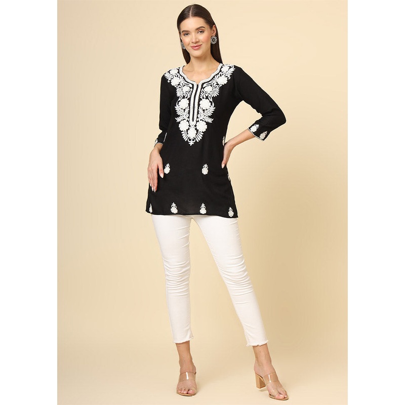 Black Readymade Rayon Short Kurti - JD986612389