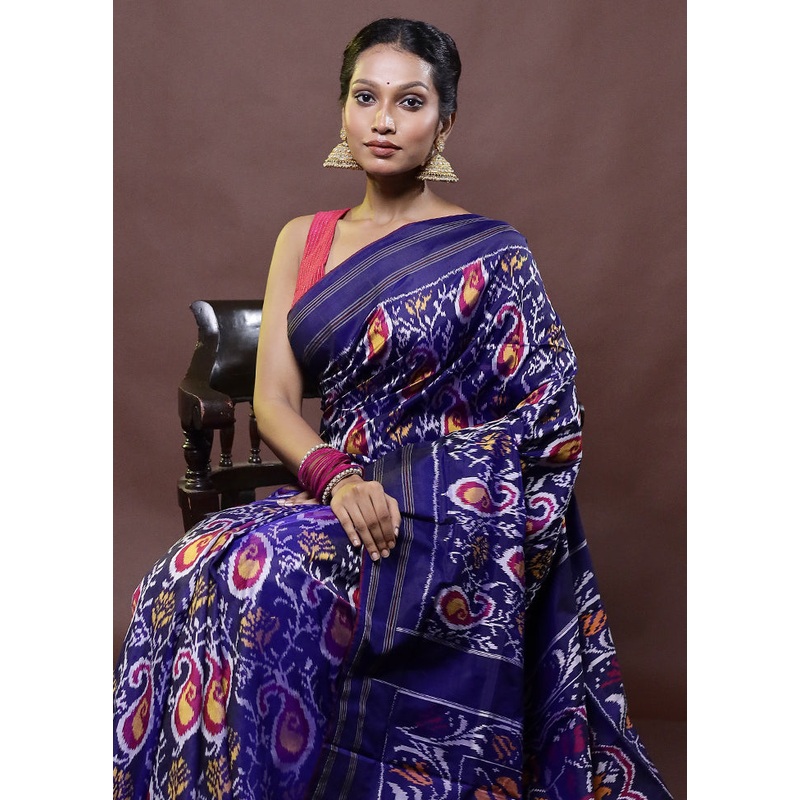 Blue Handloom Ikkat Pure Silk Saree With Blouse Piece - JD986612331