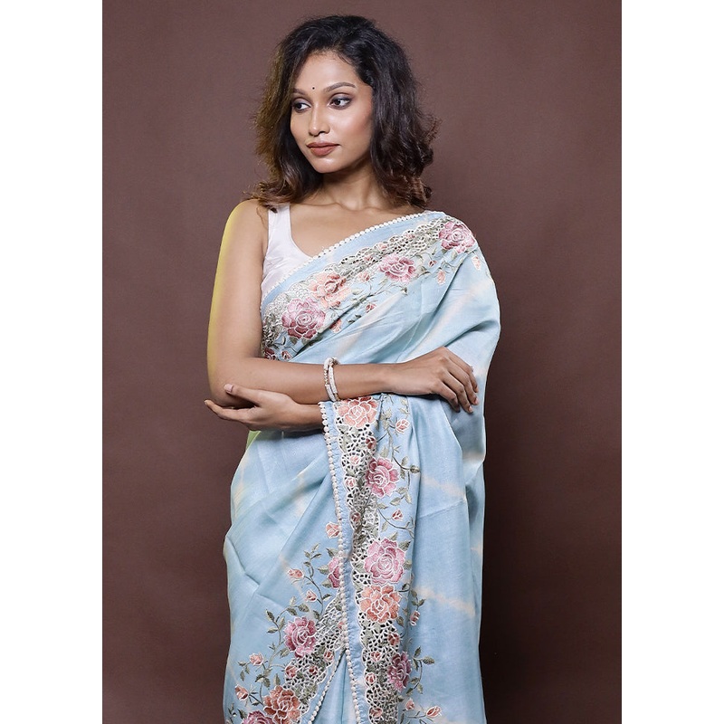 Blue Handloom Tussar Pure Silk Saree With Blouse Piece - JD986612327