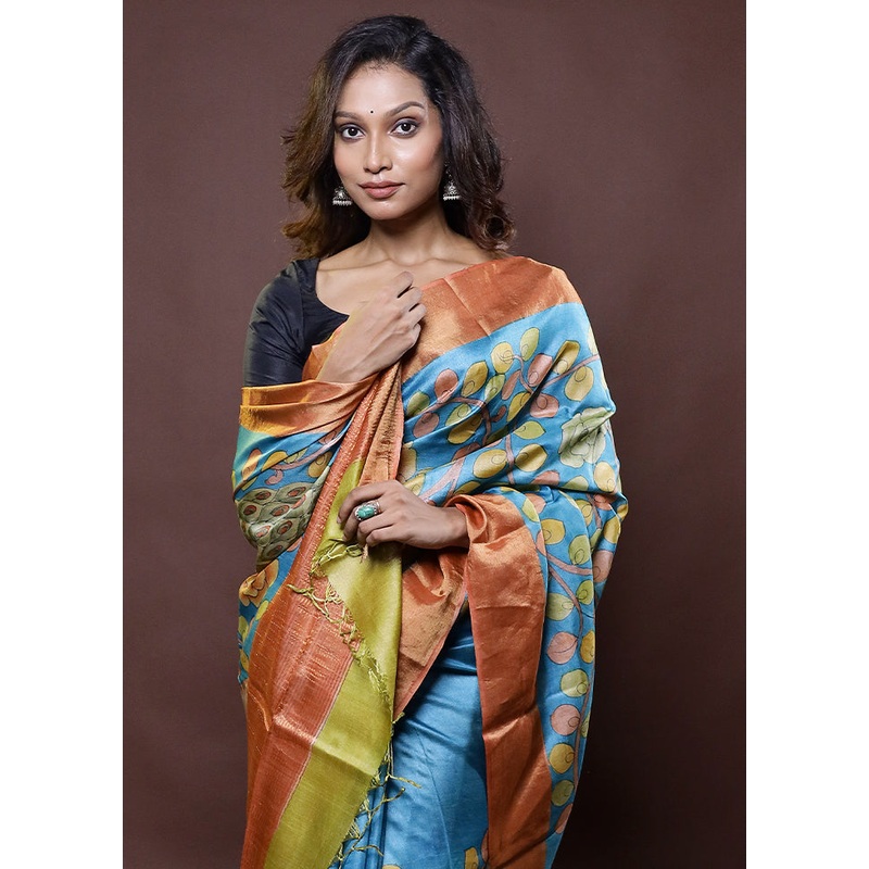 Blue Handloom Tussar Pure Silk Saree With Blouse Piece - JD986612328