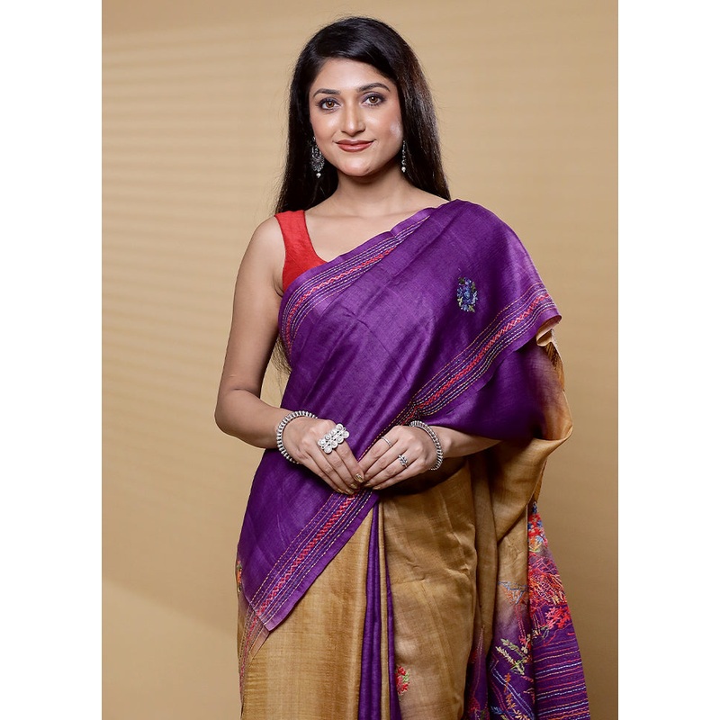 Blue Handloom Tussar Pure Silk Saree With Blouse Piece - JD986612357