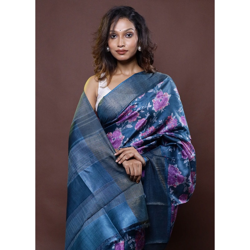 Blue Tussar Silk Saree With Blouse Piece - JD986612325