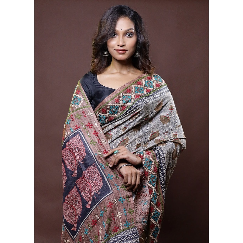 Cream Handloom Tussar Pure Silk Saree With Blouse Piece - JD986612310