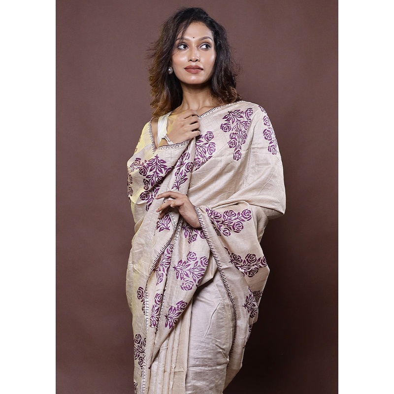 Cream Handloom Tussar Pure Silk Saree With Blouse Piece - JD986612314