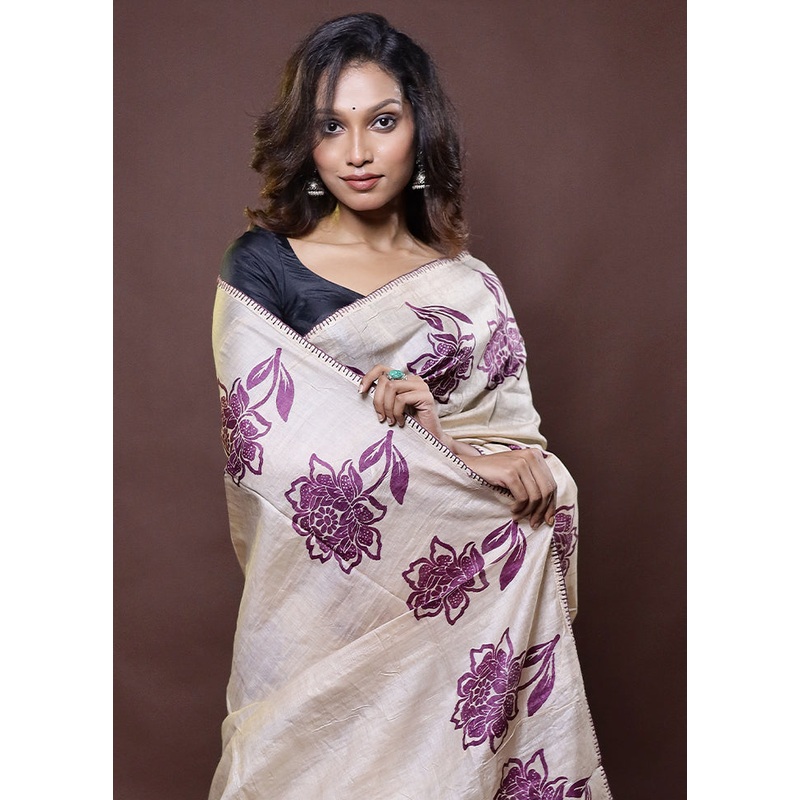 Cream Handloom Tussar Pure Silk Saree With Blouse Piece - JD986612315