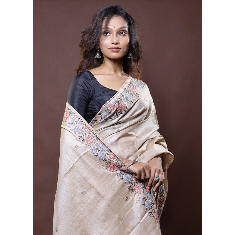 Cream Handloom Tussar Pure Silk Saree With Blouse Piece - JD986612316