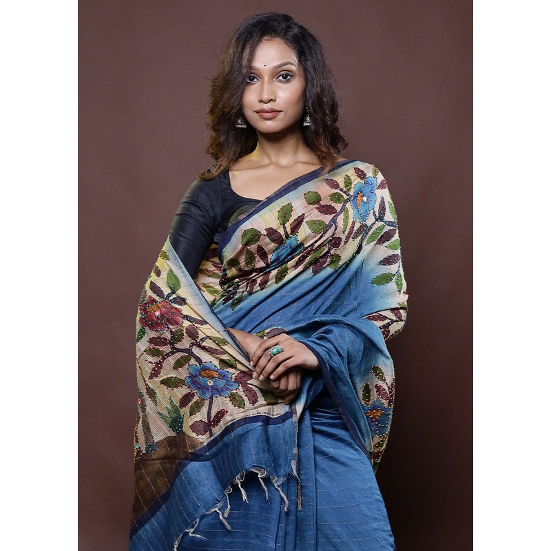 Cream Handloom Tussar Pure Silk Saree With Blouse Piece - JD986612318