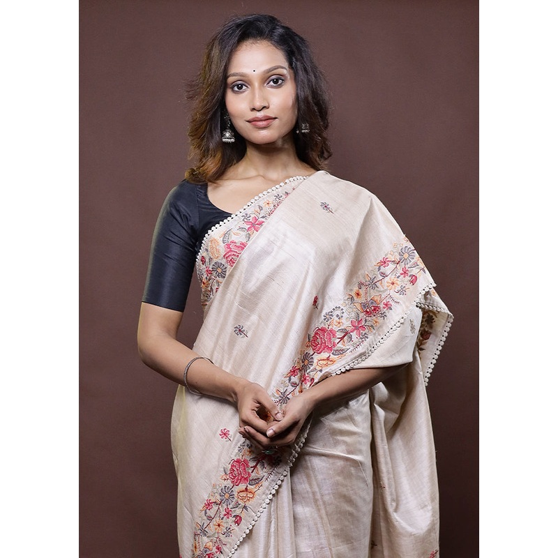 Cream Handloom Tussar Pure Silk Saree With Blouse Piece - JD986612321