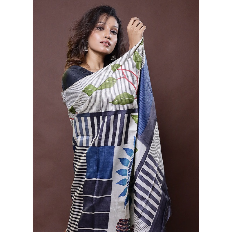 Cream Handloom Tussar Pure Silk Saree With Blouse Piece - JD986612323