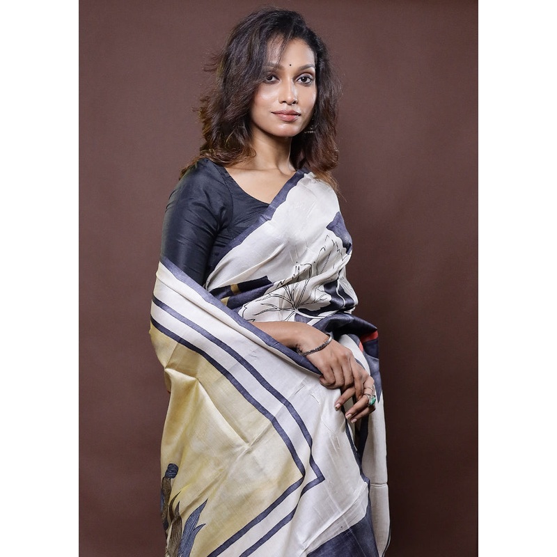 Cream Handloom Tussar Pure Silk Saree With Blouse Piece - JD986612324