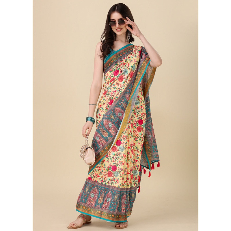 Cream Linen Silk Saree With Blouse Piece - JD986612344