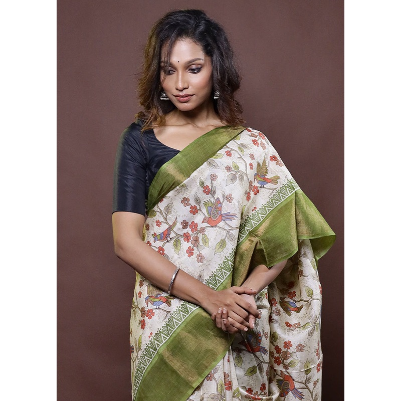 Cream Tussar Silk Saree With Blouse Piece - JD986612309