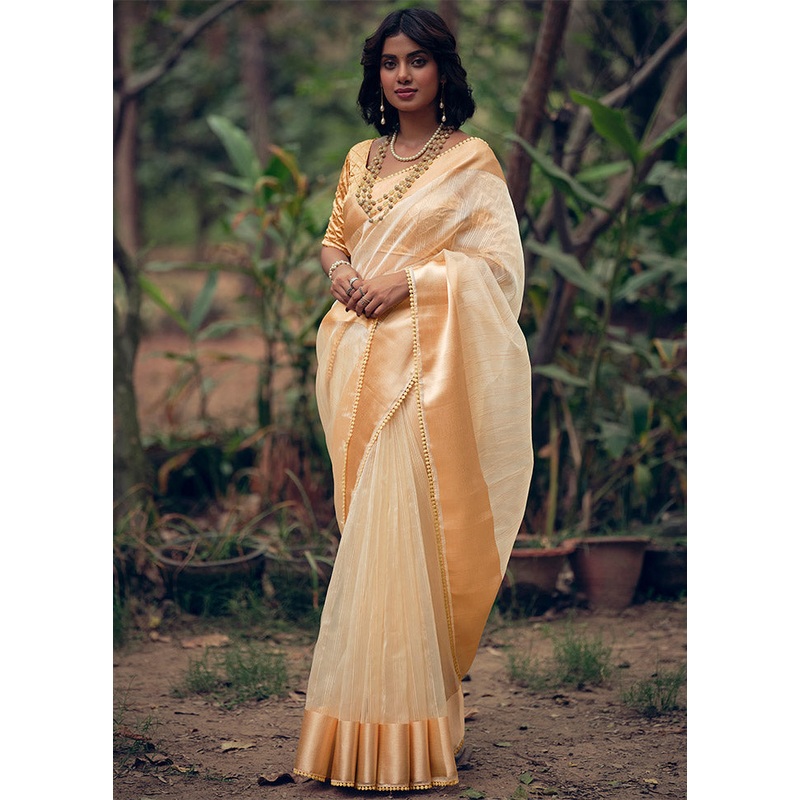 Gold Organza Saree With Blouse Piece - JD986612475