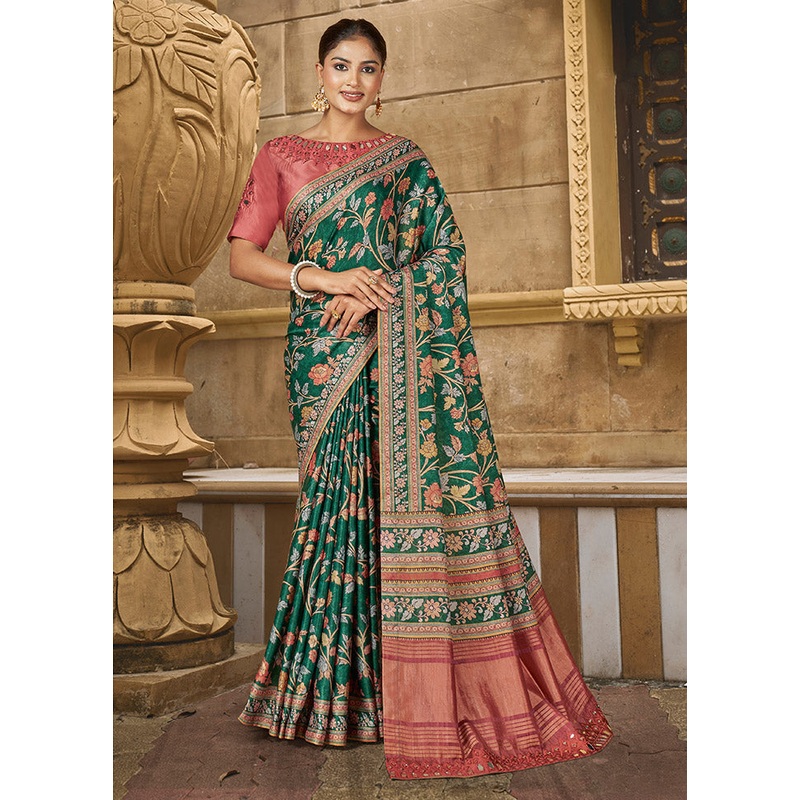 Green Dupion Silk Saree With Blouse Piece - JD986612364