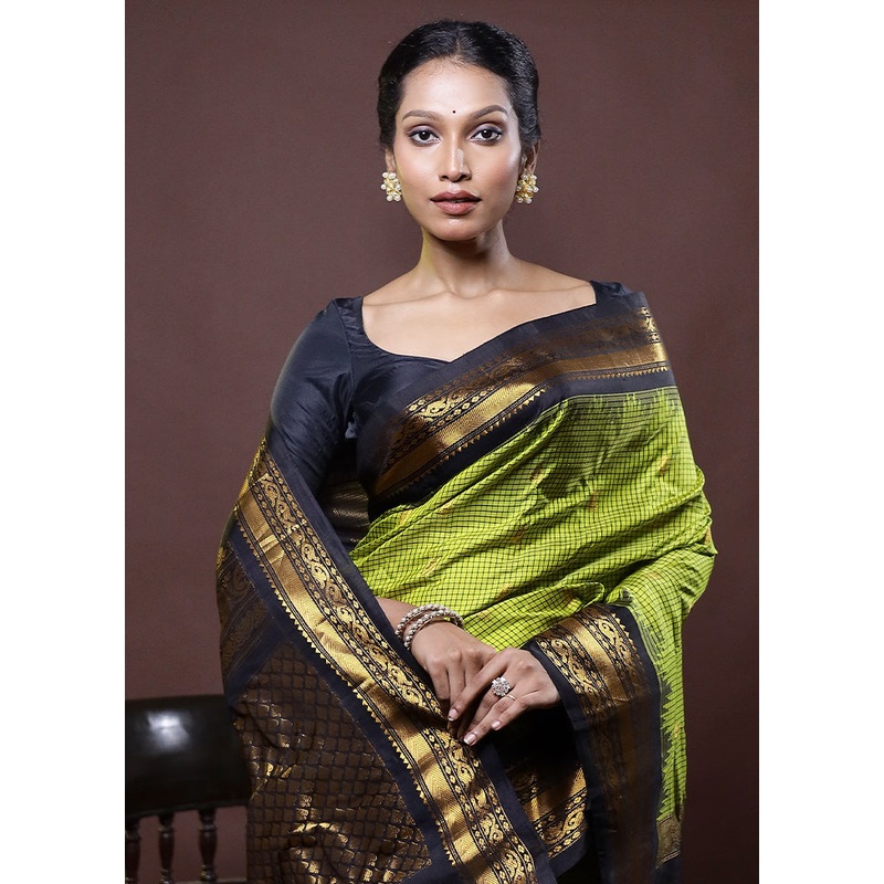 Green Gadwal Pure Silk Saree Without Blouse Piece - JD986612308