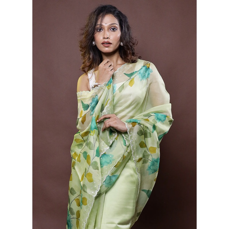 Green Handloom Pure Organza Saree With Blouse Piece - JD986612303