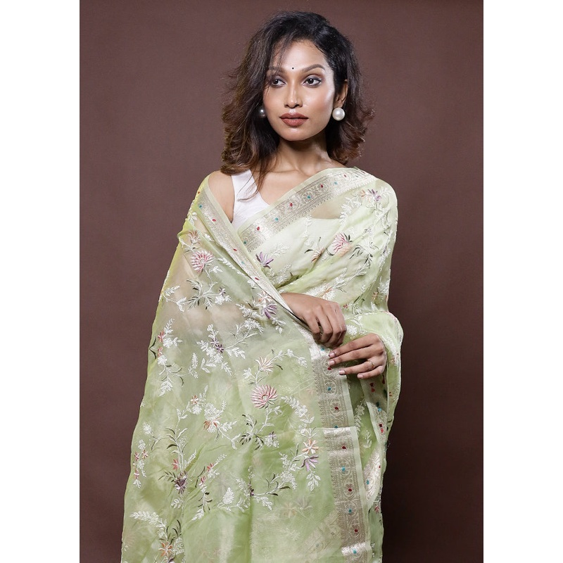Green Handloom Pure Organza Saree With Blouse Piece - JD986612304